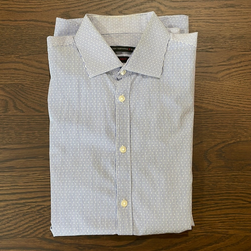 John Varvatos U.S.A. Slim fit blue stripe dress shirt.
